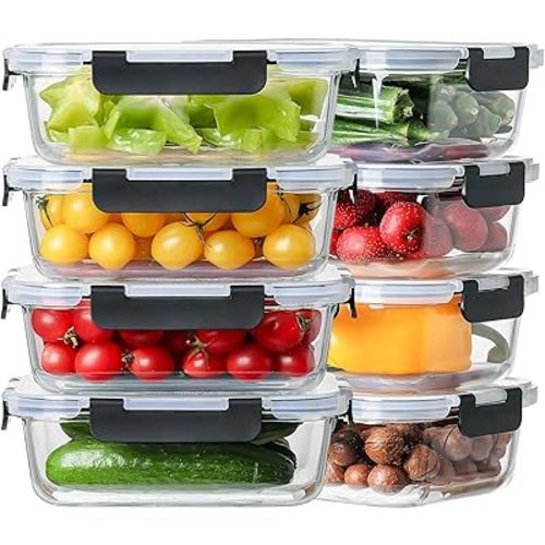 8 Pack 36oz Large Glass Meal Prep Containers with lids, Glass Food Storage Containers with Leak Proof Snap Lock Lids , Airtight Bento lunch Boxes, Kitchen Storage, Oven, Freezer and Dishwasher Safe