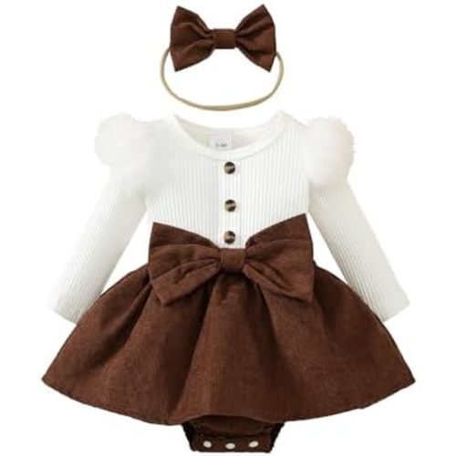 Newborn Baby Girl Spring Outfits Infant Ribbed Romper Dress Ruffle Long Sleeve Clothes Jumpsuit with Bow Headband