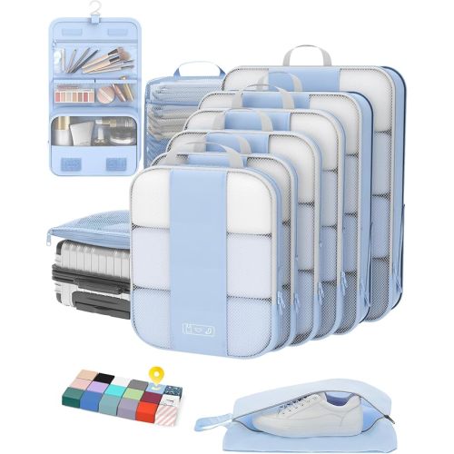 10 Set Compression Packing Cubes for Travel Essentials,Compressible Expandable Packing Cubes for Suitcase,OlarHike Luggage Organizer Bags for Travel,Handy Helper for Organizing Clothes(Light Blue)