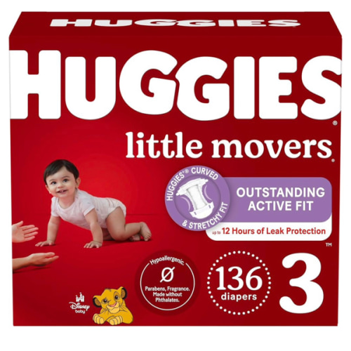 Huggies Size 3 Diapers, Little Movers Baby Diapers, Size 3 (16-28 lbs), 136 Count, Packaging May Vary