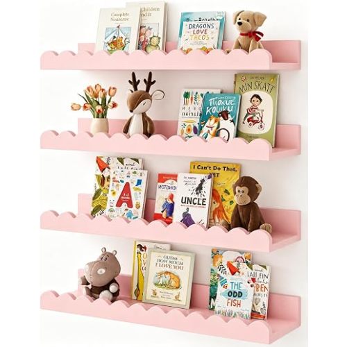 Shario Nursery Book Shelves, 4-Pack White Floating Shelves for Wall Kids, Scalloped Shelves, Wall Book Shelves for Bedroom Kids, Toddler Room, Baby Room, Nursery Decor(Pink, 16.5 Inches)