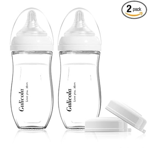 Gulicola Natural Glass Baby Bottle for Breastfed Babies, Anti-Colic Baby Bottle Set with Medium Flow Nipple, 3 Months +, 8 oz, 2 Pack - White