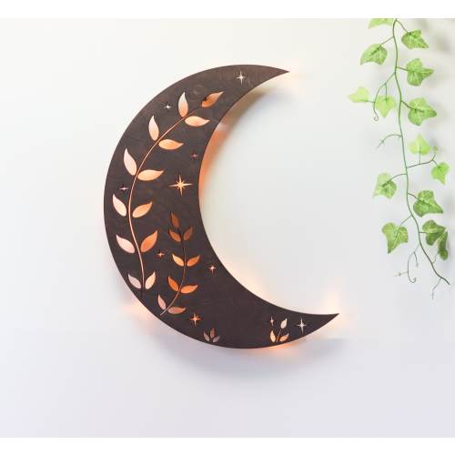 Coppermoon Botanical Crescent Moon Lamp Wall Light - Light Wood Lamp, Moon Phases Witchy Decor, Celestial Decor, Witchy Decor, Moon Decor