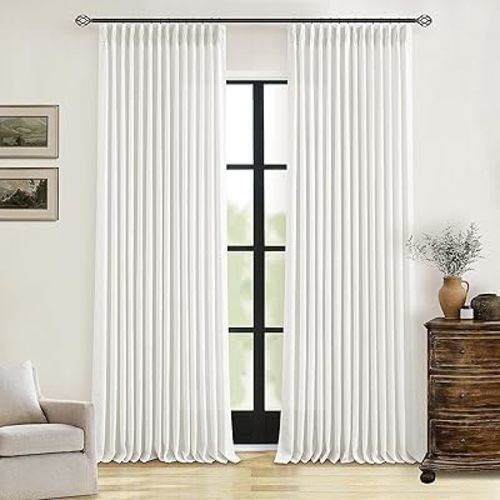 Beige White Linen Curtains 108 Inches Long 2 Panels Set for Living Room Neutral Boho Thick Linen Textured Pinch Pleated Memory Shape Light Filtering Ceiling Semi Sheer Window Curtain Hook Rings Ivory