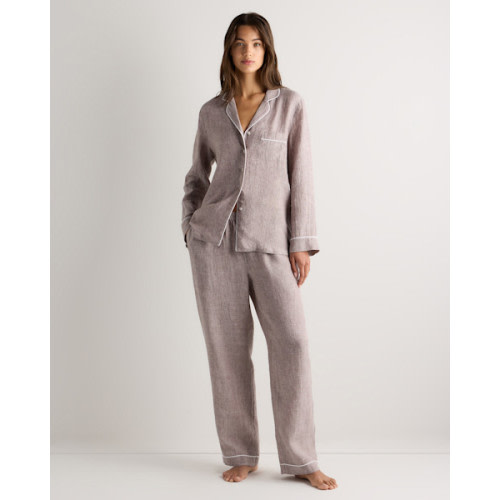 100% European Linen Long Sleeve Pajama Set with Piping in Blue Pinstripe