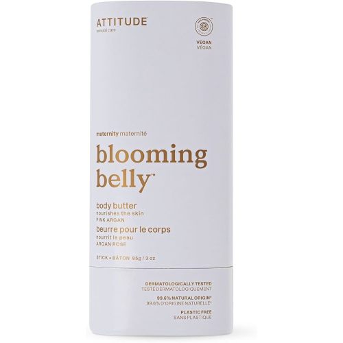 ATTITUDE Plastic-Free Body Butter Bar for Pregnant Dry and Stretched Skin, EWG Verified, Vegan and Cruelty-free Maternity Products, Pink Argan, 3 Ounces