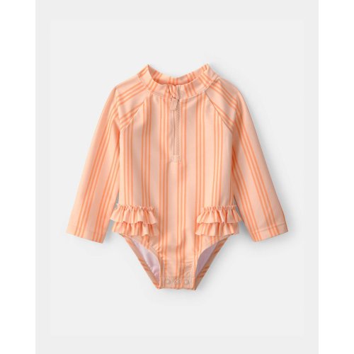 Baby Girl 1-Piece Striped Long-Sleeve Rashguard Swimsuit - Orange | Carter's