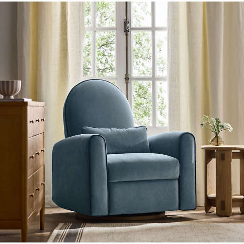 Miles Ocean Blue Velvet Nursery Power Recliner Swivel Chair with Wooden Base
