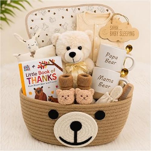 Baby Gift Basket for Newborn Baby Boy or Girl & Parents – Bear Theme New Baby Gift Set with Mama Bear & Papa Bear Clay Mugs, Baby Essentials, Storage Basket, Baby Book & Keepsakes