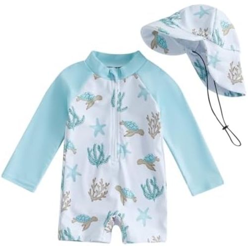 Toddler Infant Baby Boy 4th of July Swimsuit Newborn Rash Guard Boys Girls One Piece Zipper Bathing Suit Swimwear with Hat