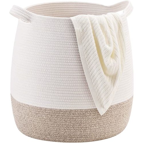 MINTWOOD Design Large 17 x 17 Inches Decorative Woven Cotton Rope Blanket Basket for Living Room, Laundry Basket Hamper, Storage Baskets with Handles for Toys, Throws, Pillows, Towels, Shoes, Brown