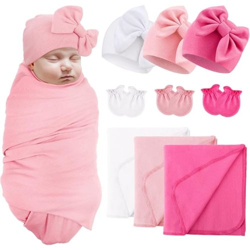 Newborn Receiving Blanket with Bow Hat Mittens Set Nursery Swaddle Wrap Toddler Swaddles for Newborn Baby Boy Girl