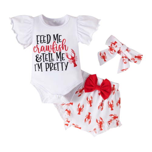 IBTOM CASTLE Newborn Baby Girls Casual Clothes Ruffles Sleeve Romper + Fruit Floral Bottoms Shorts + Headband 3PCS Summer Birthday Outfits 0-3 Months Lobster