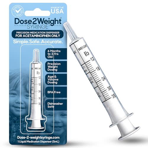 DOSE-2-WEIGHT 5mL Oral Syringe, Precision Dosing Dispenser for Infants Acetaminophen (160mg/mL), for Children Under 3 Yrs Old, Patented, Made in America