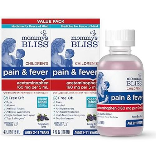 Mommy's Bliss Children's Pain and Fever Reducer, Kids Acetaminophen, Dye Free, Delicious Mixed Berry Flavor, Ages 2+, 4 Fluid Ounces (Pack of 2)