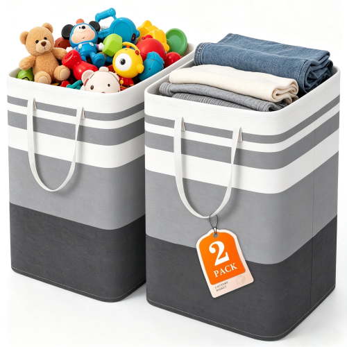 2 Pack Laundry Baskets, Collapsible Clothes Hamper, Freestanding Waterproof Dirty Clothes Hamper with Easy Carry Handles in Laundry Room, College Dorm, Bathroom, Bedroom 75L Gray