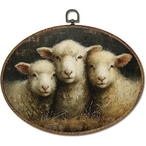 LKETW Vintage Sheep Oval Wall Art Decor, Neutral Cottagecore Lamb Oval Canvas Hanging Decor, Rustic Farmhouse Animal Wall Decorations For Home Living Room Farmhouse Gallery, 11.4x8.6 Inch