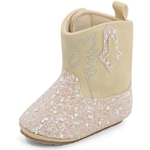 ESTAMICO Baby Girls Embroidery Western Cowgirl Boots Infant Sequin Leather Cowboy Booties Round Toe Ankle High Hook and Loop Shoes