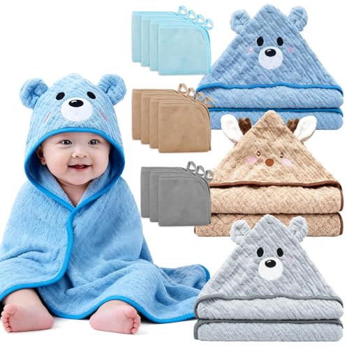14 PCS Thicken Baby Towels Set, 3 PCS Soft Hooded Baby Towels & 11 PCS Washcloths, Baby Bath Towels for Newborns, Infants & Toddlers, Ultra Absorbent, Cute Baby Towel Gift for Boys