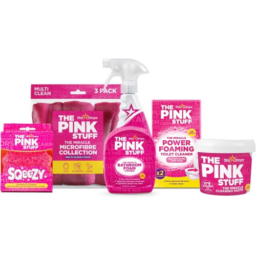 Stardrops - The Pink Stuff Bathroom Cleaning Kit – Cleaning Paste, Bathroom Foam Spray, Toilet Foaming Powder, SQeeZY Sponge & 3 Microfiber Cloths – Tough on Stains, Grease & Soap Scum