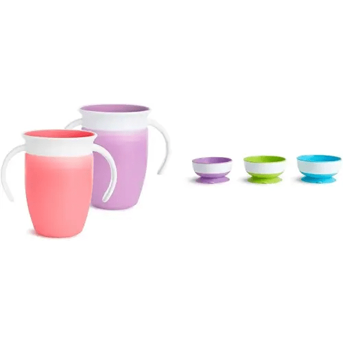 Munchkin® Miracle® 360 Trainer Sippy Cup with Handles, Spill Proof, 7 Ounce, 2 Pack, Pink/Purple & Stay Put™ Suction Bowls for Babies and Toddlers, 3 Pack, Blue/Green/Purple