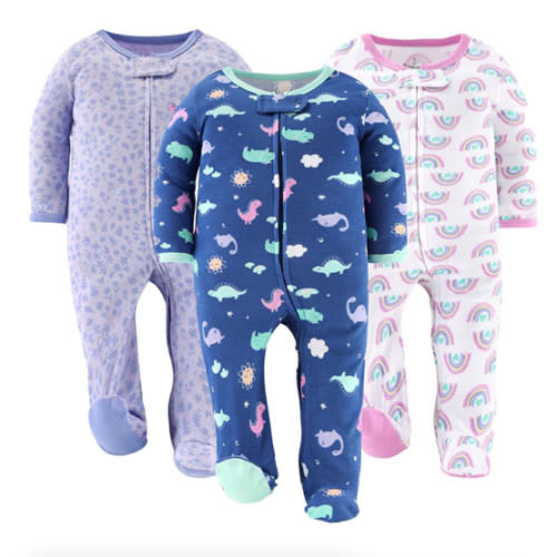 Rainbow Dinosaur Baby Sleepers for Girls Set of 3