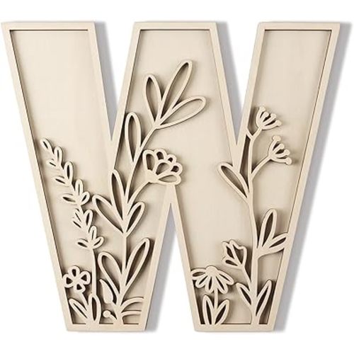 Layered 12 Inch Large Wooden Letters for Wall Decor, Flowered Paintable Wooden Nursery Letters for Crafts Wood Alphabet Letter W for Birthday Boho Nursery Name Sign Wedding Home Decoration