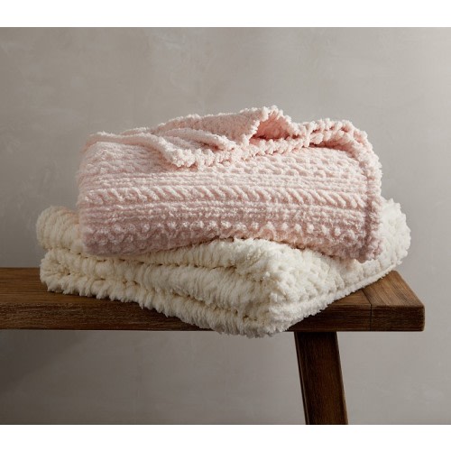 Carved Cable Sherpa Bed Blanket in Blush