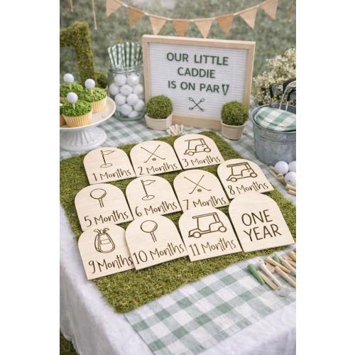 Golf Baby Monthly Milestone Discs | Natural Baltic Birch Photo Prop Set (12 Pieces)
