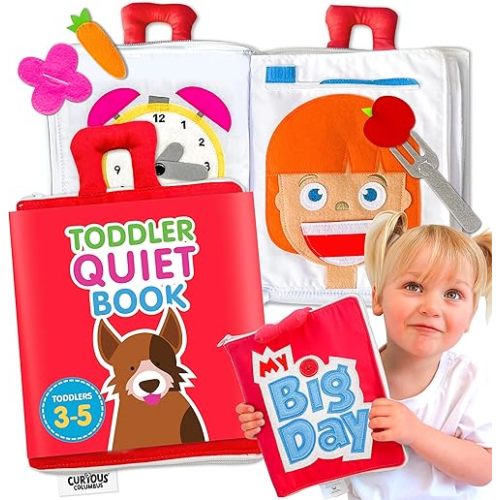 Curious Columbus Quiet Book for Toddlers – Large Fabric Montessori Activity Book with 10 Pages for Learning and Quiet Play, Airplane and Road Trip Travel Toy