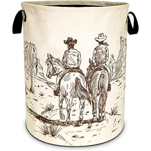 Western Cowboy Laundry Basket Desert Horse Foldable Oxford Cloth Funny Tote Bag Laundry Hamper Clothes Storage Bucket Organizer For Bathroom/Laundry Storage/Bedroom 18.9x16.5 Inch