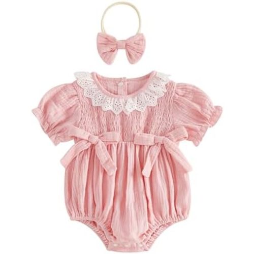 Twopumpkin Baby Girl Summer Clothes Muslin Bubble Romper Short Sleeve Ruffle Onesie Smocked Outfit 0 3 6 9 12 18 Month Cute