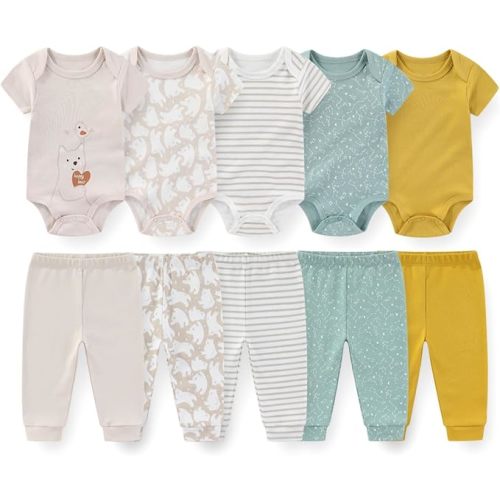 10 Pack Baby Bodysuits and Pants Set Cotton Infant Outfit