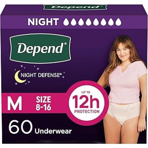 Depend Night Defense Adult Diapers, Incontinence & Postpartum Bladder Leak Underwear for Women, Disposable, Overnight, Medium, Blush, 60 Count (4 Packs of 15), Packaging May Vary