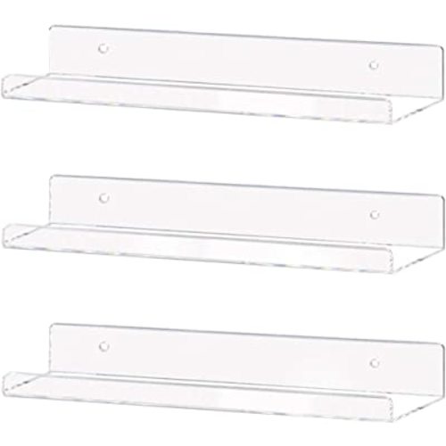 Weiai Clear Acrylic Shelf 15" Invisible Floating Wall Ledge Bookshelf, Kids Book Display Shelves Wall Mounted (15 Inch 3Pack)