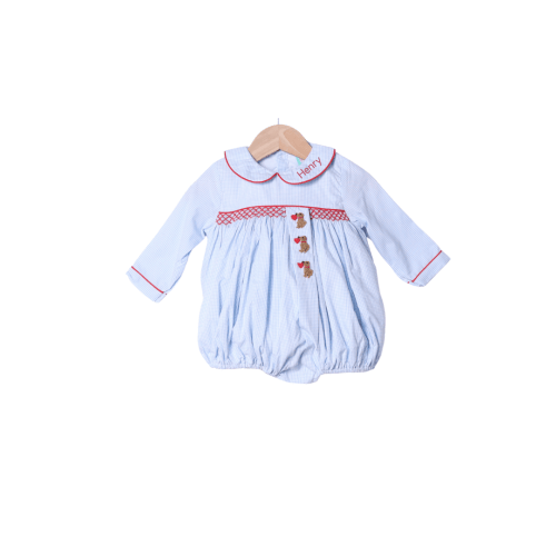 Smocked Sweet Puppy Love Blue Gingham Bubble