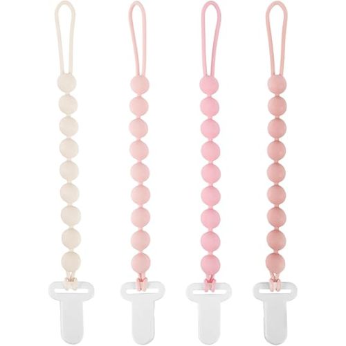 MINMUNJIU Pacifier Clips Baby Girl, 4 Pack One Piece Flexible Soft Binky Clips Silicone Pacifier Holder Clip for Girls, Baby Girl Newborn Essentials