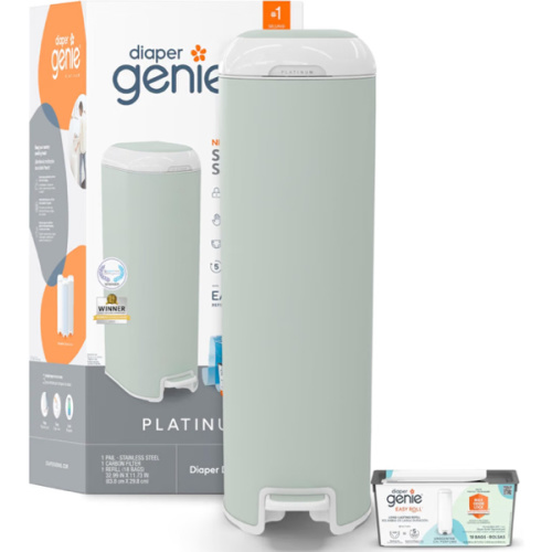 Amazon.com: Diaper Genie Platinum Pail (Sage Green) is Made in Durable Stainless Steel and Includes 1 Easy Roll Refill with 18 Bags that can Last up to 5 Months.