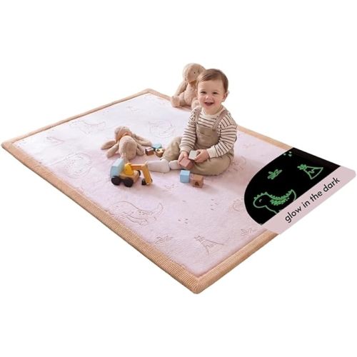 GlowCloud Baby Play Mat for Floor 47”x 67” Dinosaurs – Coral Velvet Memory Foam Rug for Crawling & Cozy Play – Non-Slip, Water-Resistant, Easy-Care Tummy Time Mat, Playmat for Playpen