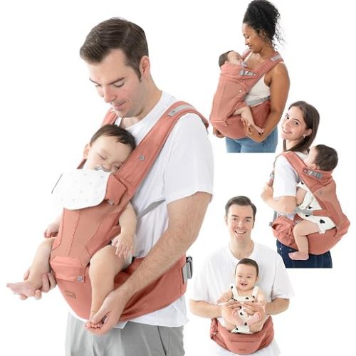 BabbleRoo 6-in-1 Baby Carrier with Hip Seat, Ergonomic Newborn to Toddler Carrier 7–50 lbs, Front Back Hip Carry, Lumbar Support, Sun Hood, Safety-Certified, Kangaroo Rose