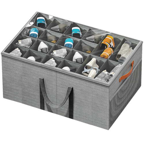 Aokeyee Shoe Storage Closet, Large Shoe Box Space Saving Foldable with Clear Cover, Fits 20-24 Pairs, Grey
