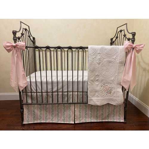 Pink and Green Floral Stripes Girl Baby Bedding, Pink Crib Bedding, Libby Stripe Crib Skirt, Personalized Baby Quilt