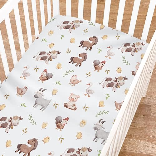 Watercolor Farm Life Fitted Crib Sheets for Boy Girl 52"x28" Farm Animals Pig Goat Horse Cow Chick Rooster Duck Leaves Soft Fitted Nursery Bed Sheets for Standard Crib and Toddler Mattress