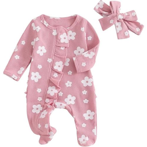 YINGISFITM Baby 3 6 Months Girl Clothes Newborn Onesie Ruffle Long Sleeve Ribbed Romper Jumpsuit One Piece Hospital Outfit