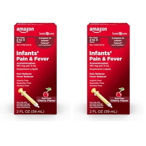 Amazon Basic Care Infants' Pain & Fever, Acetaminophen 160 mg per 5 mL, Suspension Liquid, Dye-Free Cherry Flavor, 2 fl oz (Pack of 2)