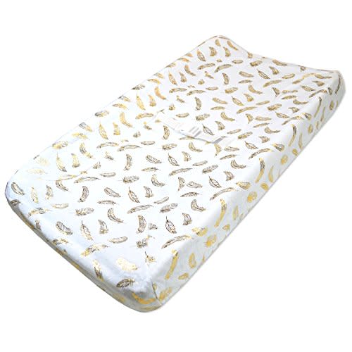 American Baby Company Heavenly Soft Chenille Fitted Contoured Changing Pad Cover,&nbsp;Sparkle Gold Feather on Solid White, for Boys and Girls, 35x17x5 Inch (Pack of 1)