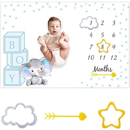 CSFOTO Baby Monthly Milestone Blanket for Boy Cartoon Elephant Blue Star Print Newborn First Year Growth Mat Baby Shower Memory Picture Recording Blanket 60"x40" with Frame