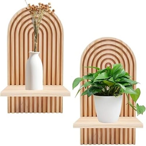 2 Pcs Bohemian Retro Wooden Rainbow Wall Shelves Mount Modern Shelf for Living Room Bathroom Bedroom Classroom Office Decor Home Floating Book Wood Art Cadre Decoration