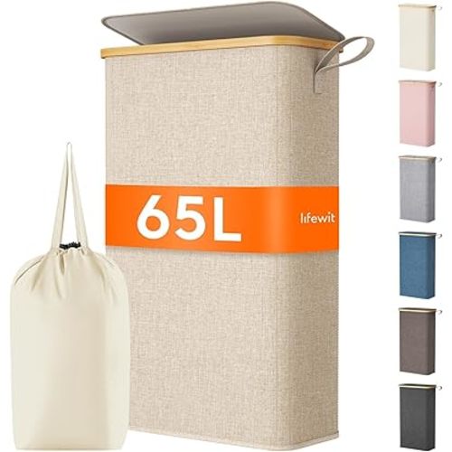 Lifewit 65L Slim Laundry Hamper with Lid, Narrow Laundry Basket with Removable Bag & Bamboo Handles, Fodable Thin Dirty Clothes Hamper for Laundry Collapsible Bin for Bathroom Bedroom Dorm, Beige