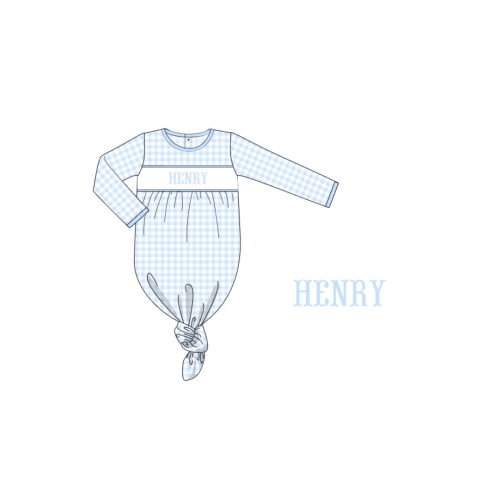 Pre-Order Custom Name Smocked Blue Gingham Knotted Baby Gown